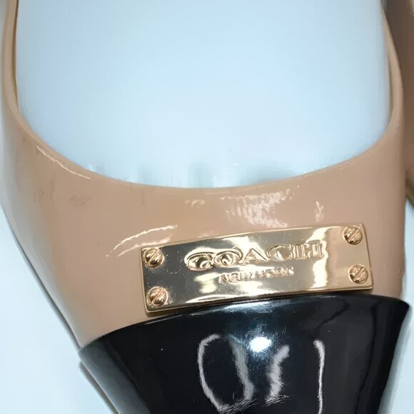 Coach Black Tan Beige Minimalist Cap Toe Spectator Patent Leather Heels Pumps 7 - Picture 10 of 14